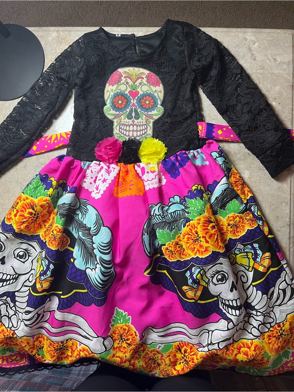 Girls Black & Pink Sugar Skull Floral Halloween Dress